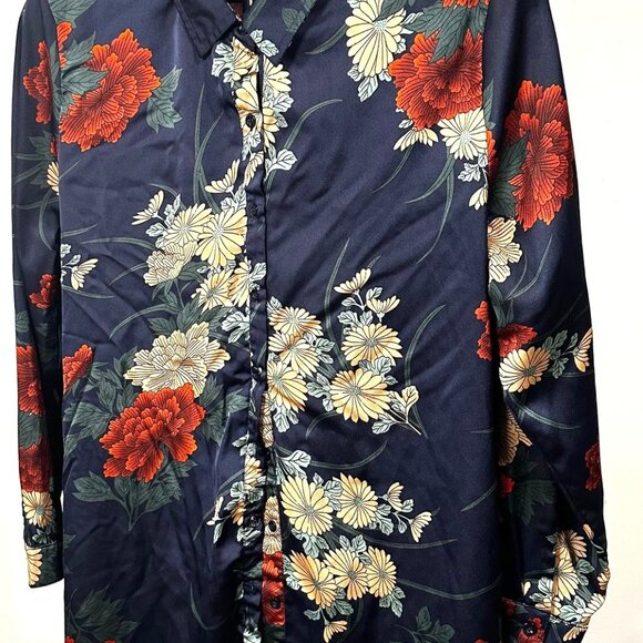 Boohoo Shirt Dress 14 Long Sleeve Floral Artsy Unique Collared Button Front - Picture 5 of 14